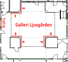 En planskiss över Galleri Ljusgården, där väggarna som man kan ställa ut på är markerade i röd färg och siffrorna 1-6-