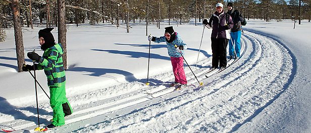 Barn och vuxna åker skidor på snö